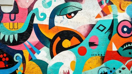 Aufkleber - Abstract graffiti murals blending diverse cultural motifs and symbols, Celebrating multiculturalism and artistic expression in urban settings, photography style