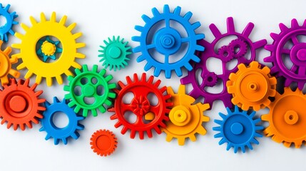 Poster - An abstract composition of interconnected gears in various colors against a seamless white backdrop, Symbolizing diversity in teamwork, photography style