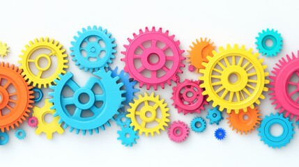 Poster - An abstract composition of interconnected gears in various colors against a seamless white backdrop, Symbolizing diversity in teamwork, photography style