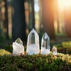 set of quartz crystals in forest abstract natural background minerals for magic crystal ritual witchcraft spiritual esoteric practice for harmony life balance meditation relax reiki energy