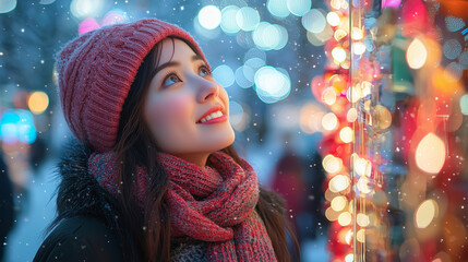 Wall Mural - Smiling Woman in Winter Wonderland with Christmas Lights