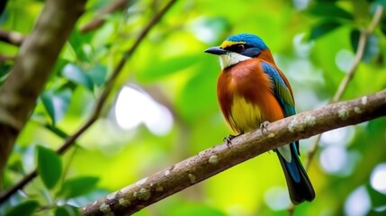 Canvas Print - A vibrant blue and orange bird with a white chest perches on a branch in a lush green forest.