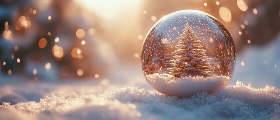 A snowy scene featuring a Christmas tree inside a glass globe with a soft warm glow