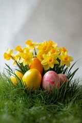 Colorful Easter eggs surrounded by blooming flowers in a lush green garden during spring