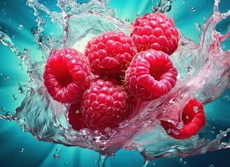 Wall Mural - Raspberries in water splash on blue background. 3d