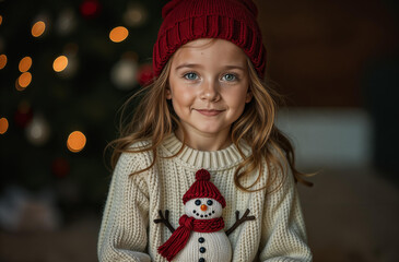 Girl in a knitted Christmas sweater with a snowman. Knitted New Year's sweater.