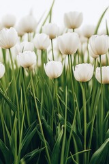 Poster - White tulips blooming in a lush green field during spring season under bright sunlight