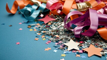 A festive spread of colorful ribbons and star confetti on a blue background, radiating celebration, joy, and party spirit.