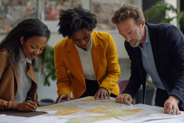 Three people are looking at a map