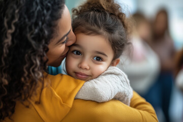 A woman is hugging a young girl