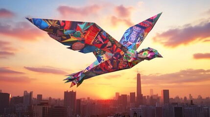 Poster - An evocative scene of a large, colorful origami bird with various cultural motifs, soaring over a city skyline at sunset