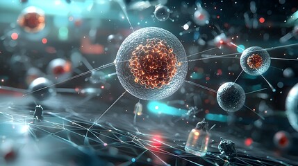 Fototapete - Mesmerizing microscopic cellular structures with glowing membranes and intricate internal details floating in a vibrant and colorful microscopic environment