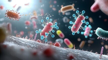 Fototapete - Captivating Microscopic Landscapes Glowing cellular structures in vivid hues floating in a dynamic and elegant microscopic environment showcasing the beauty and complexity of biological design