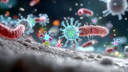 Fototapete - Captivating abstract artwork depicting the beauty of cellular life forms with glowing structures in vivid hues floating in a dynamic microscopic environment