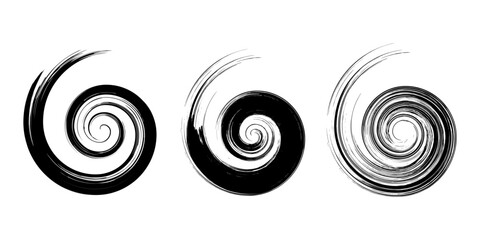 Wall Mural - Set of black grunge paintbrush shapes. Spiral form. Vector illustration. Trendy design element for border frame, logo, tattoo, prints, web pages, social media, template and monochrome pattern