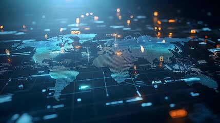 Aufkleber - Futuristic 3D polygonal map with radiant glowing lines and points illustrating a global digital interaction network and technological advancement