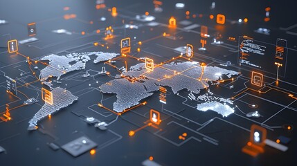 Poster - Futuristic polygonal 3D map with radiant glowing lines and points illustrating global digital interaction and technological advancement  Abstract cyberspace network visualization data intelligence