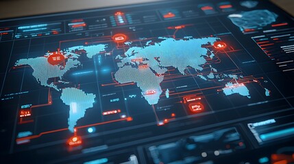 Leinwandbilder - Detailed polygonal map with luminous edges and glowing nodes in a 3D interactive format showcasing the advancement of technology and the interconnected nature of the global landscape