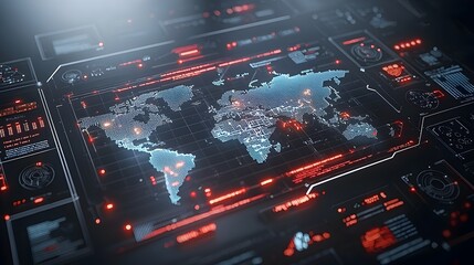 Fototapete - A radiant polygonal 3D interactive map with dynamic movement and glowing edges highlighting the innovative global high tech communication and connectivity