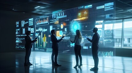Leinwandbilder - Silhouettes of business professionals analyzing futuristic digital charts and graphs with vibrant holographic data overlays