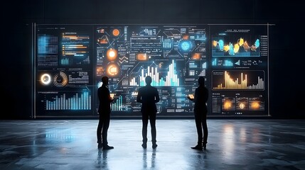 Poster - Silhouetted business figures standing in front of dynamic digital screens showcasing advanced data visualizations and insights for strategic planning and technological innovation