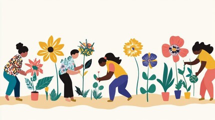 Poster - An evocative visual of a diverse group of people planting a garden with flowers that each have different cultural patterns on their petals