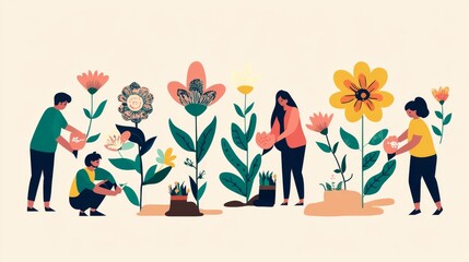 Poster - An evocative visual of a diverse group of people planting a garden with flowers that each have different cultural patterns on their petals
