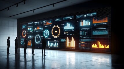 Poster - Silhouettes of people standing before expansive digital data screens showcasing glowing graphs charts and data visualizations  This image represents the advancement of technology