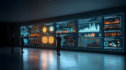 Poster - Silhouetted figures standing before an expansive display of dynamic digital data visualizations representing technological advancement and data driven decision making
