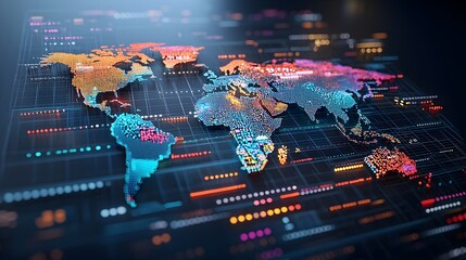 Fototapete - Vibrant Futuristic Polygonal 3D Map Representing AI Powered Global Interconnectivity with a Binary Code Matrix Background Symbolizing the Digital Infrastructure Powering Worldwide and Communication