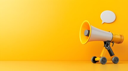 Fototapete - Striking 3D rendering of a sleek modern megaphone with a vibrant speech bubble on a solid orange background perfect for eye catching promotional designs digital marketing campaigns