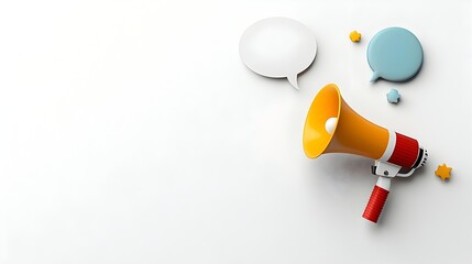Poster - Striking 3D megaphone hovering and projecting a speech bubble on a clean minimalistic white background  Perfect for announcement communication marketing and advertising themes