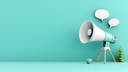 Leinwandbilder - Striking 3D rendered megaphone with a speech bubble on a bold solid teal background perfect for creating attention grabbing promotional content advertising campaigns and marketing materials