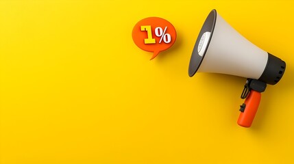 Aufkleber - Striking 3D megaphone and speech bubble with a vibrant percentage symbol floating effortlessly on a solid yellow background  This image is perfect for use in advertising marketing and sales campaigns