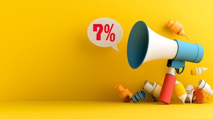 Leinwandbilder - Striking 3D megaphone and speech bubble with a vibrant percentage symbol floating on a solid yellow background perfect for sale discount and advertising campaigns
