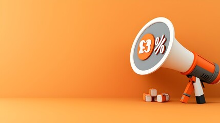 Poster - Vibrant 3D megaphone with a large percentage sign inside a speech bubble set against a solid orange background perfect for sale announcements marketing promotions and digital graphics