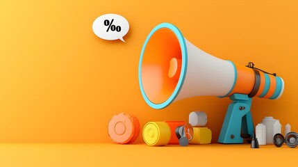 Aufkleber - Vibrant 3D megaphone icon with a large percentage symbol inside a speech bubble set against a solid orange background  This graphic design is perfect for sale announcements promotional campaigns