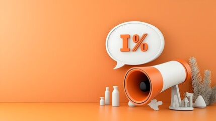 Aufkleber - Vibrant three dimensional megaphone with a large percentage sign inside a speech bubble set against a solid orange background perfect for sale announcements promotions and marketing campaigns