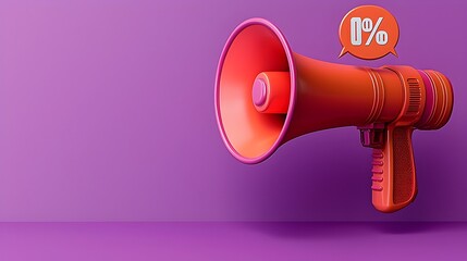 Aufkleber - Bold 3D rendering of a megaphone with a speech bubble and a percent symbol floating on a solid purple background perfect for limited time offers and marketing campaigns