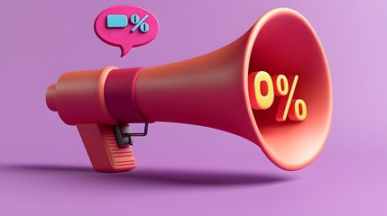 Aufkleber - Attention grabbing 3D digital rendering of a megaphone with a speech bubble and a percentage symbol floating on a vibrant solid purple background perfect for limited time offers sales