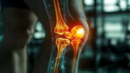 Poster - Closeup X Ray View Showcasing the Intricate Details of a Man s Knee Joint Anatomy Highlighted with a Glowing Overlay on a Dark Medical Background