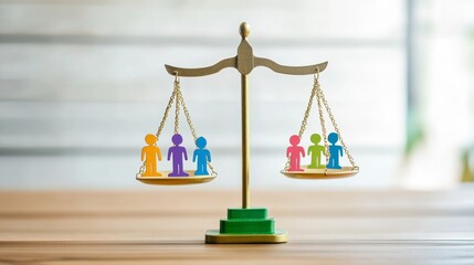 Poster - An impactful image of social justice, featuring a large, balanced scale with diverse symbols of equality and fairness on each side