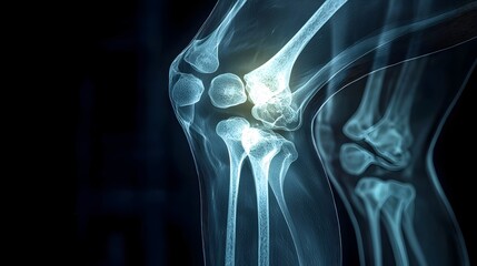Poster - Detailed Glowing X Ray Examination of Human Knee Joint on Black Background  Medical Diagnostic Visualization Showcasing Skeletal Structure and Orthopedic Analysis