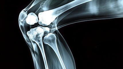 Aufkleber - Detailed X Ray Image of the Left Knee Joint Showcasing the Intricate Skeletal Structure in Monochrome against a Black Background Capturing the Essence of Medical Diagnostics and Anatomical Analysis