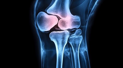 Poster - Detailed x ray image showcasing the intricate bone and joint structure of a male s left knee illuminated against a dark background  This medical can be used for educational healthcare
