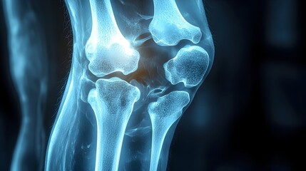 Aufkleber - Glowing x ray image highlighting the intricate bone structure and joint anatomy of a man s left knee set against a dark background