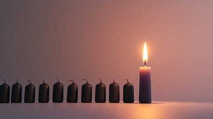 Aufkleber - An impactful portrayal of a single candle lighting up a row of unlit candles of different sizes and shapes, Representing the spread of enlightenment and inclusivity, minimalist style