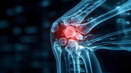 Poster - Detailed X Ray Image of a Man s Left Knee Showcasing the Intricate Bone Structure and Joint Anatomy Ideal for Orthopedic and Healthcare Imagery