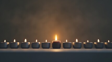 Poster - An impactful portrayal of a single candle lighting up a row of unlit candles of different sizes and shapes, Representing the spread of enlightenment and inclusivity, minimalist style