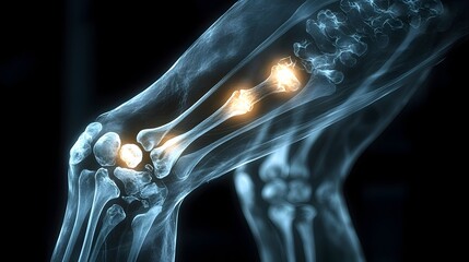 Aufkleber - X Ray View of Left Knee Highlighting Bone Structure and Medical Analysis   Shadowy Monochrome Contrast with Glowing Skeletal Details